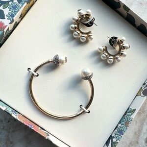 Tory Burch Gold-Tone Pearl Hoop Earrings and Cuff Bracelet Set